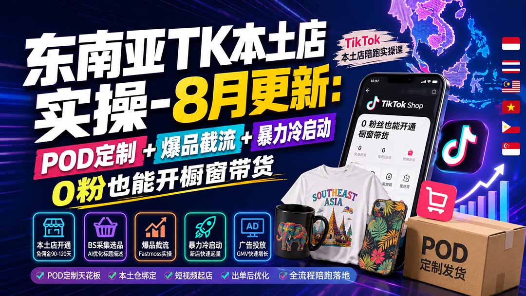 东南亚TK本土店实操-8月更新:POD定制+爆品截流+暴力冷启动,0粉也能开橱窗带货-梦清研习社