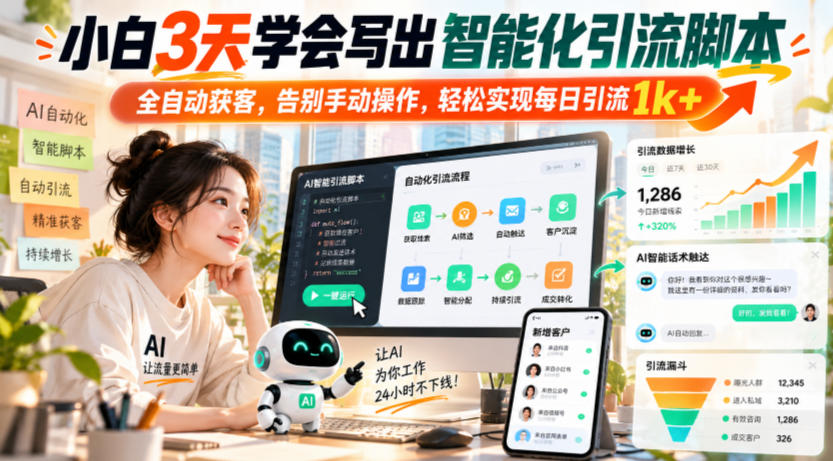 小白3天学会写出智能化引流脚本，全自动获客，告别手动操作，轻松实现每日引流1k+-梦清研习社