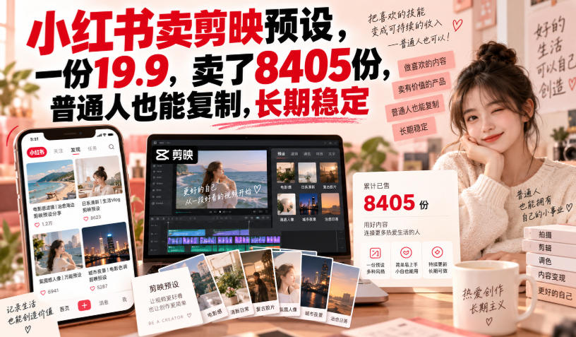 小红书卖剪映预设，一份19.9，卖了8405份，普通人也能复制，长期稳定-梦清研习社