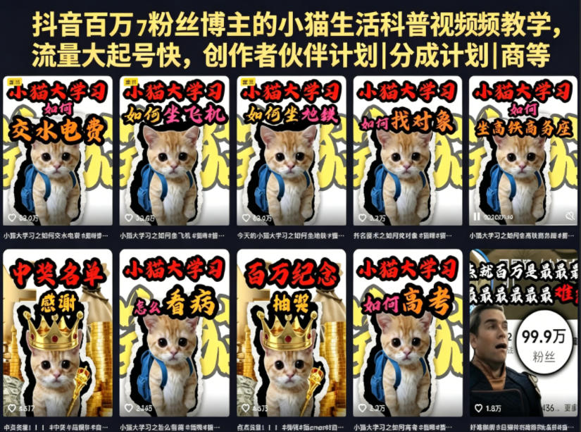 抖音百万粉丝博主的小猫生活科普视频教学，流量大起号快，创作者伙伴计划|分成计划|商单|收徒等-梦清研习社