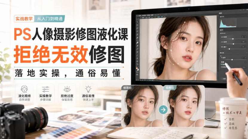 PS人像摄影修图液化课，拒绝无效修图，落地实操，通俗易懂-梦清研习社