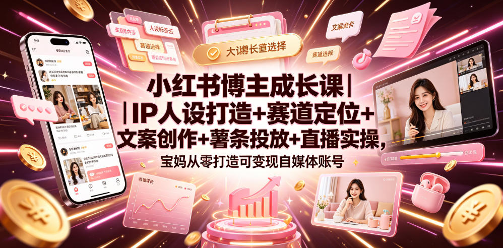小红书博主成长课｜IP人设打造+赛道定位+文案创作+薯条投放+直播实操，宝妈从零打造可变现自媒体账号-梦清研习社