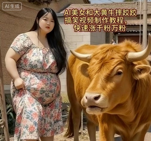 AI美女和大黄牛摔跤搞笑荒诞视频制作教程,快速涨千粉万粉-梦清研习社