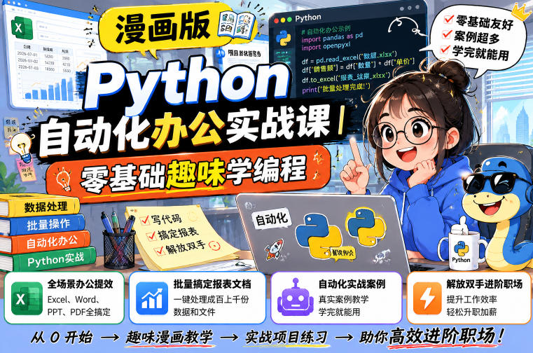 漫画版Python自动化办公实战课｜零基础趣味学编程，全场景办公提效、批量搞定报表文档、解放双手进阶职场-梦清研习社