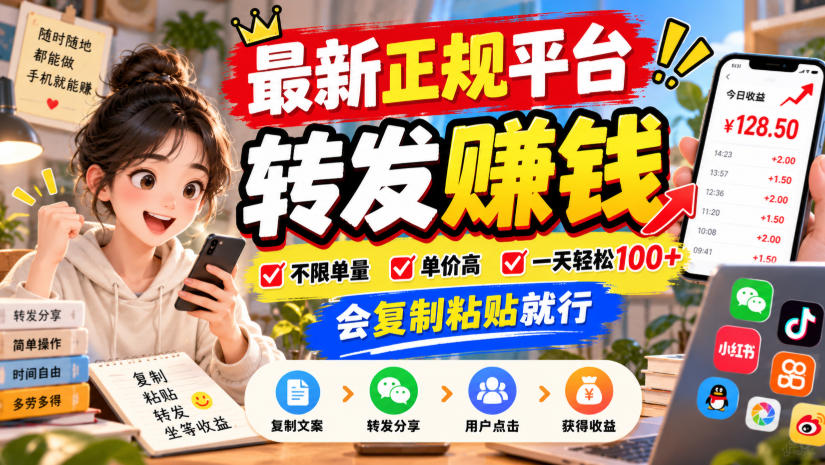 最新正规平台，转发賺钱，不限单量，单价高，一天轻松100+，会复制粘贴就行【揭秘】-梦清研习社