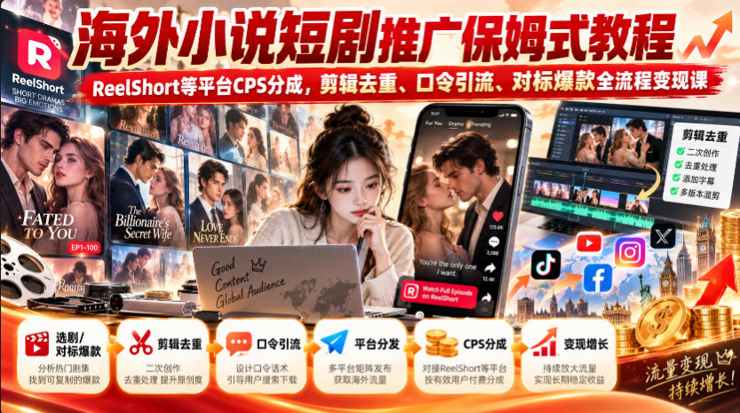 海外小说短剧推广保姆式教程｜ReelShort等平台CPS分成，剪辑去重、口令引流、对标爆款全流程变现课-梦清研习社