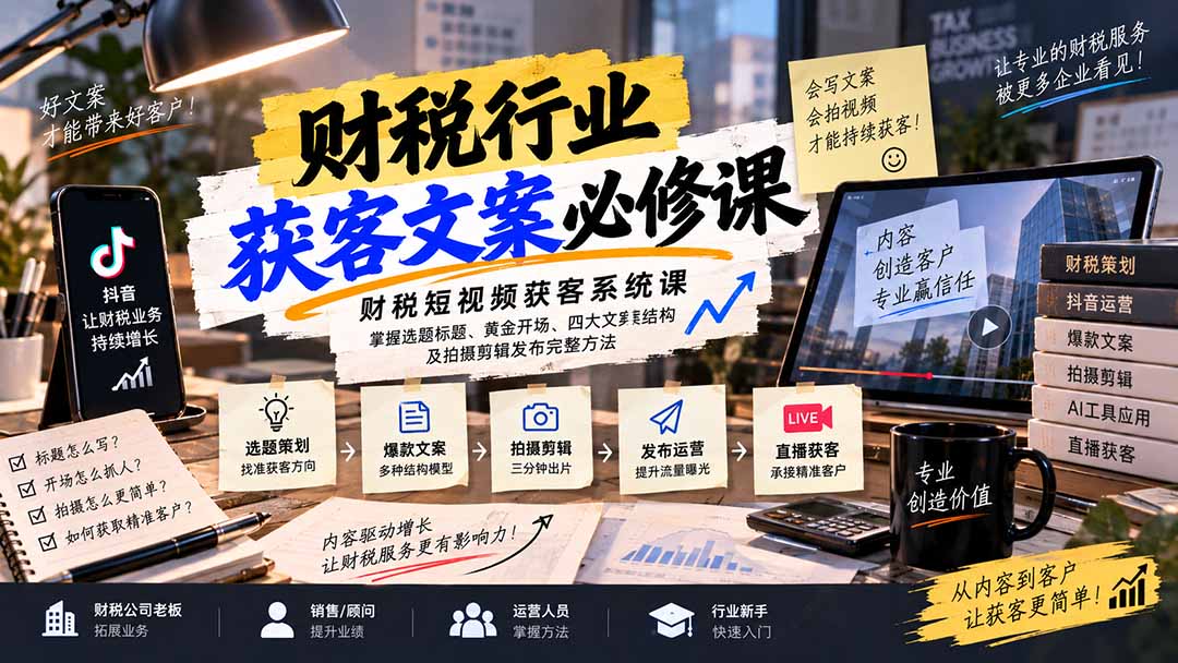 财税短视频获客系统课：掌握选题标题、黄金开场、四大文案结构及拍摄剪辑发布完整方法-梦清研习社