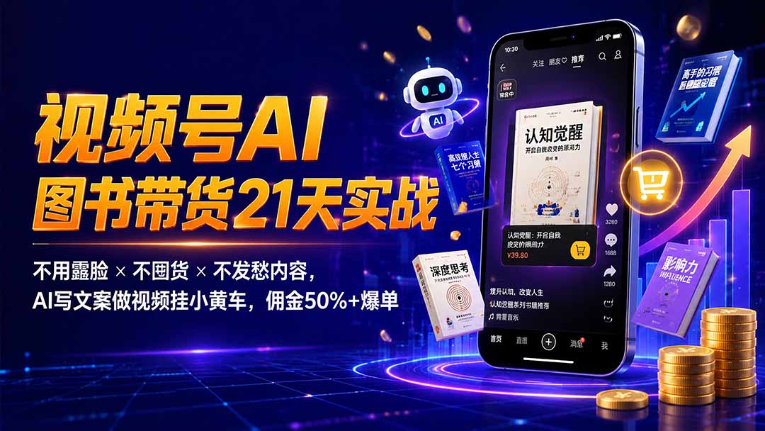 繁花视频号AI图书带货21天实战：不用露脸×不囤货×不发愁内容，AI写文案做视频挂小黄车，佣金50%+爆单-梦清研习社