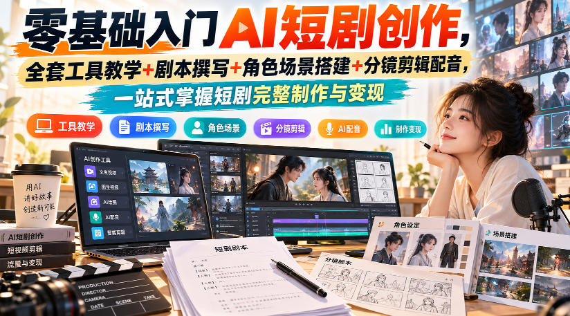 零基础入门AI短剧创作，全套工具教学+剧本撰写+角色场景搭建+分镜剪辑配音，一站式掌握短剧完整制作与变现-梦清研习社