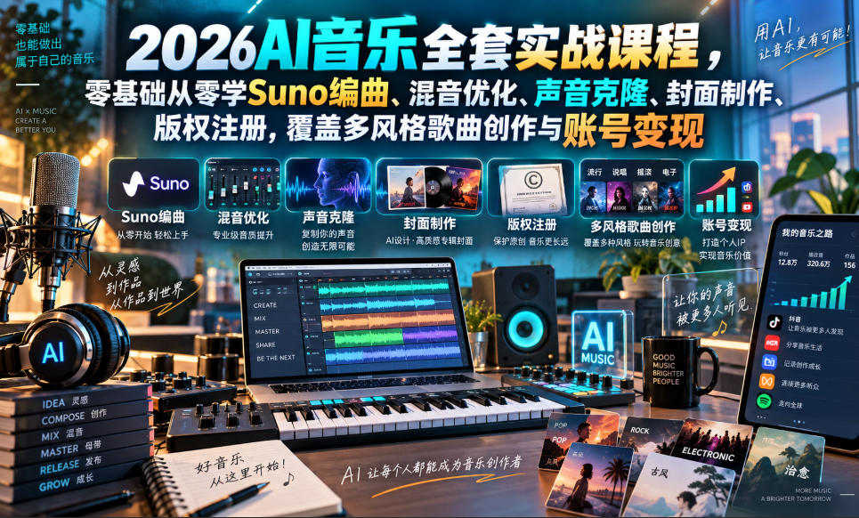 2026AI音乐实战课程，零基础从零学Suno编曲、混音优化、声音克隆、版权注册，覆盖多风格歌曲创作与账号变现-梦清研习社
