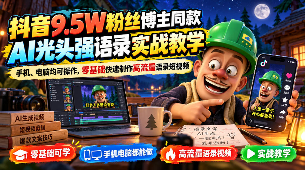 抖音9.5W粉丝博主同款AI光头强语录实战教学，手机、电脑均可操作，零基础快速制作高流量语录短视频-梦清研习社