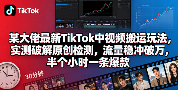 某大佬最新TikTok中视频搬运玩法，实测破解原创检测，流量稳冲破万，半个小时一条爆款-梦清研习社