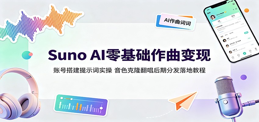 Suno AI零基础作曲变现：账号搭建提示词实操，音色克隆翻唱后期分发落地教程-梦清研习社