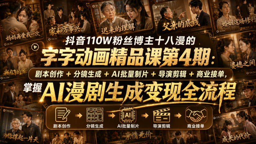 抖音110W粉丝博主十八漫的字字动画精品课第4期：剧本创作+分镜生成+剪辑+商业接单，掌握AI漫剧生成变现全流程-梦清研习社
