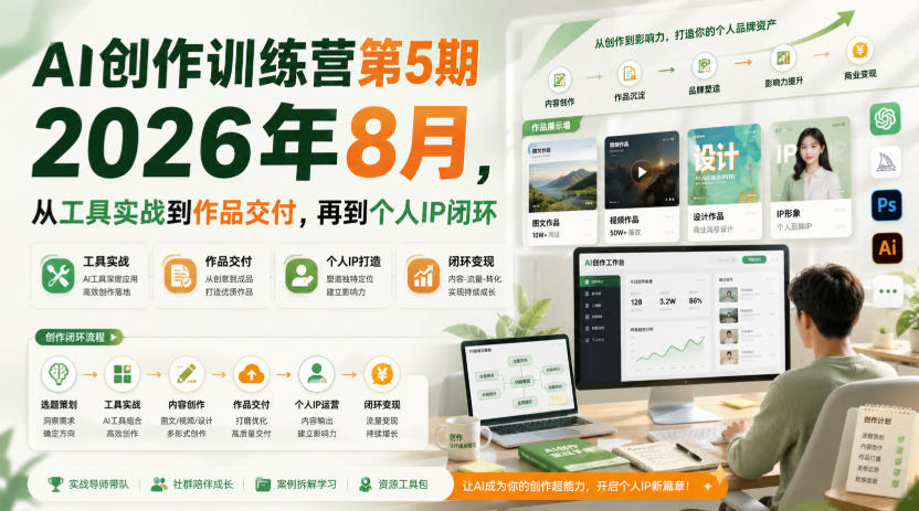 AI创作训练营第5期2026年8月，从工具实战到作品交付，再到个人IP闭环-梦清研习社