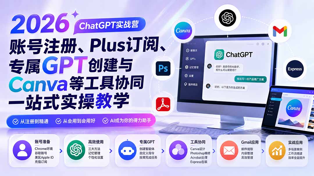 2026 ChatGPT实战营;账号注册、Plus订阅、专属GPT创建与Canva等工具协同一站式实操教学-梦清研习社