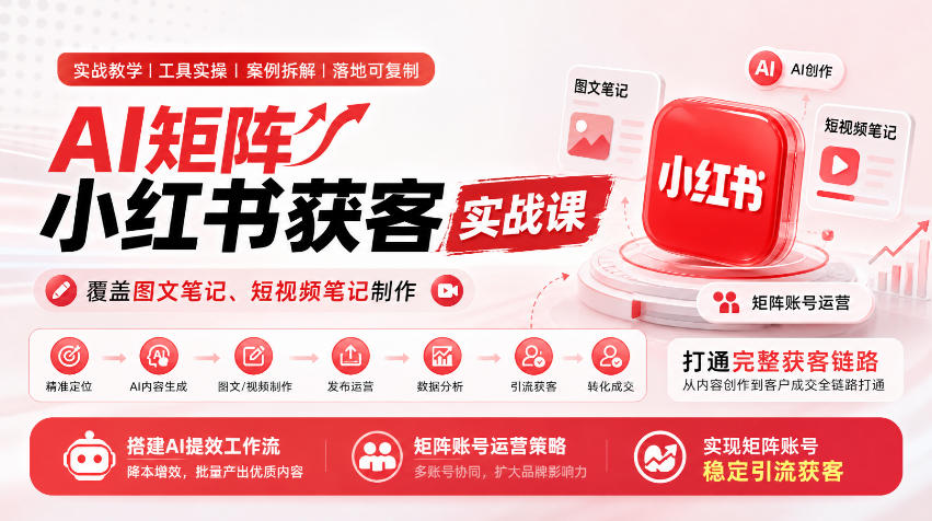 AI矩阵小红书获客实战课,覆盖图文笔记、短视频笔记制作,打通完整获客链路,搭建AI提效工作流,实现矩阵账号稳定引流获客