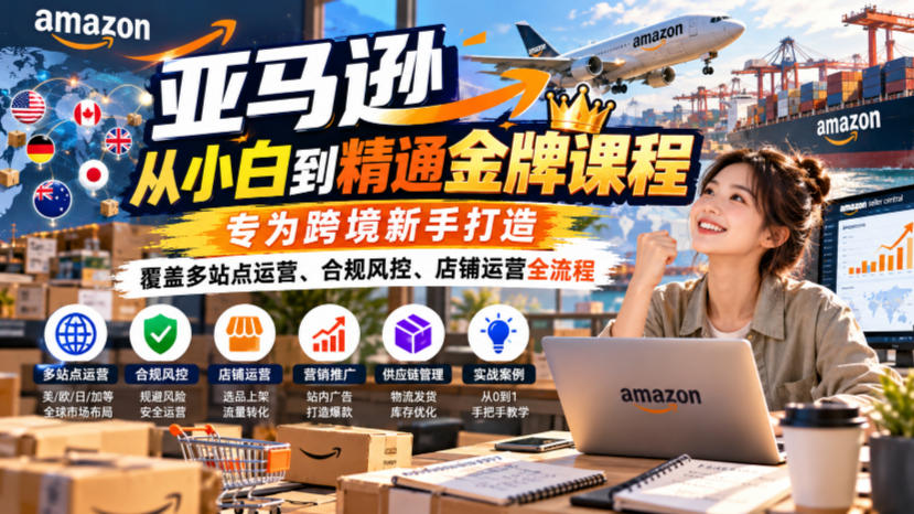 亚马逊从小白到精通金牌课程，专为跨境新手打造，覆盖多站点运营、合规风控、店铺运营全流程-梦清研习社
