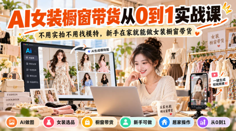 AI女装橱窗带货从0到1实战课，不用实拍不用找模特，新手在家就能做女装橱窗带货-梦清研习社