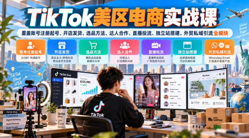 TikTok美区电商实战课，覆盖账号注册起号、开店发货、选品方法、达人合作、直播投流、独立站搭建、外贸私域引流全模块-梦清研习社