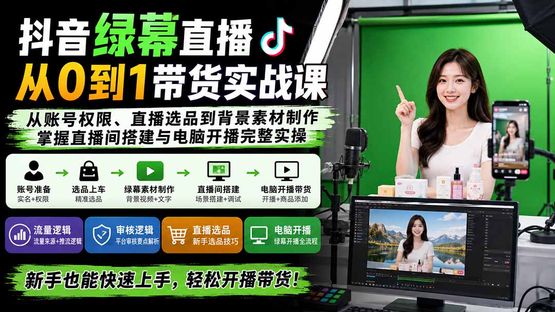 抖音绿幕直播从0到1带货实战课：从账号权限、直播选品到背景素材制作，掌握直播间搭建与电脑开播完整实操-梦清研习社