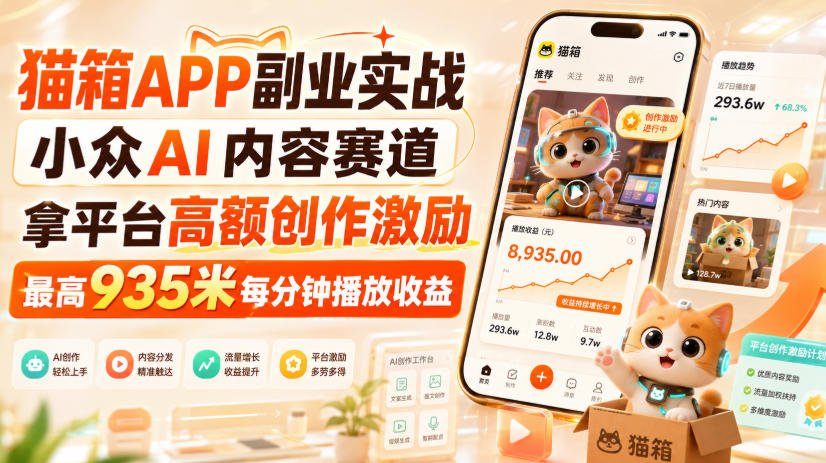 猫箱APP副业实战，小众AI内容赛道，拿平台高额创作激励，最高935米每分钟播放收益-梦清研习社