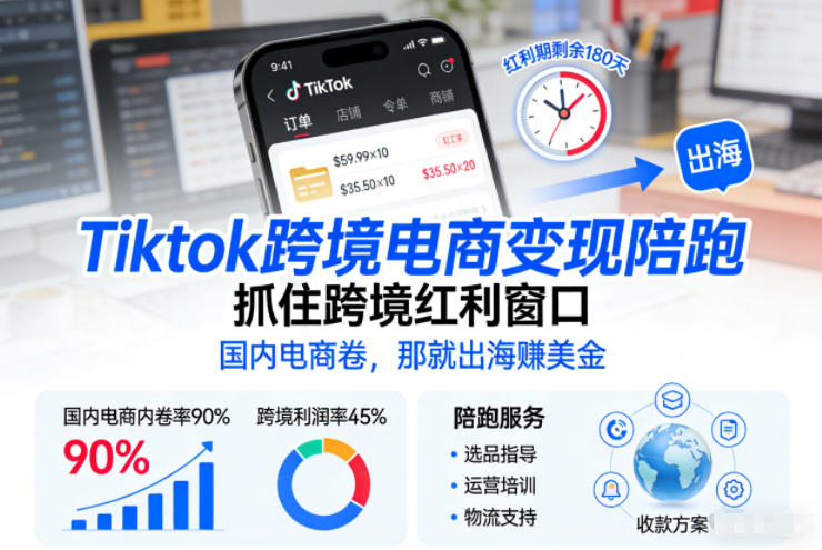 Tiktok跨境电商变现陪跑,抓住跨境红利窗口,国内电商卷,那就出海賺美金-梦清研习社