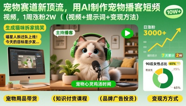 宠物赛道新顶流,用AI制作宠物播客短视频,1周涨粉2W(视频+提示词+变现方法)-梦清研习社