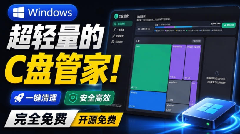 Windows超轻量的C盘管家！超级有特点，支持磁盘分析及清理提醒，2M大小体积，完全免费C盘管家-梦清研习社