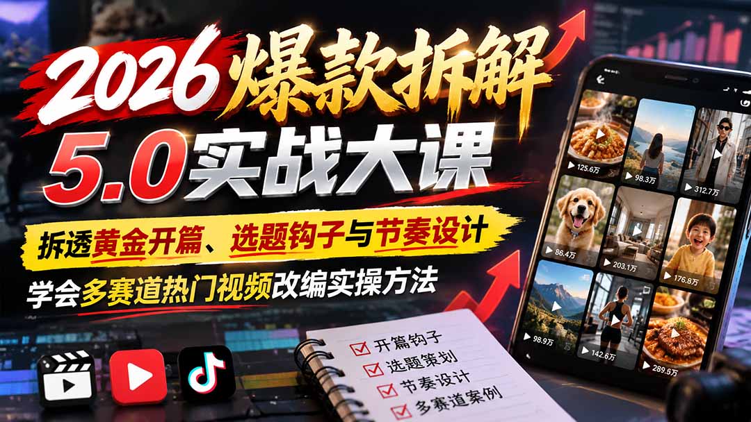 2026爆款拆解5.0实战大课：拆透黄金开篇、选题钩子与节奏设计，学会多赛道热门视频改编实操方法-梦清研习社