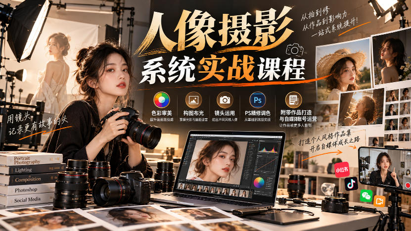 【无水印】人像摄影系统实战课程，色彩审美、构图布光、镜头运用、PS精修调色，附带作品打造与自媒体账号运营-梦清研习社