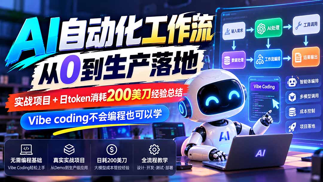【无水印】AI自动化工作流从0到生产落地，实战项目+日token消耗200美刀经验总结，Vibe coding不会编程也可以学-梦清研习社