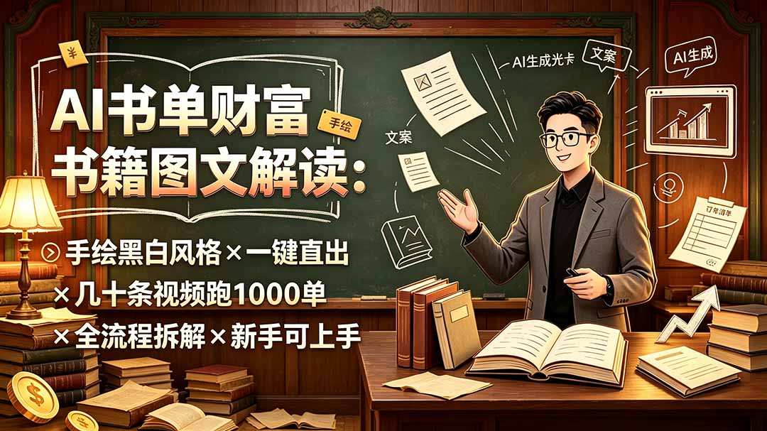 AI书单财富书籍图文解读：手绘黑白风格×一键直出×几十条视频跑1000单×全流程拆解×新手可上手-梦清研习社