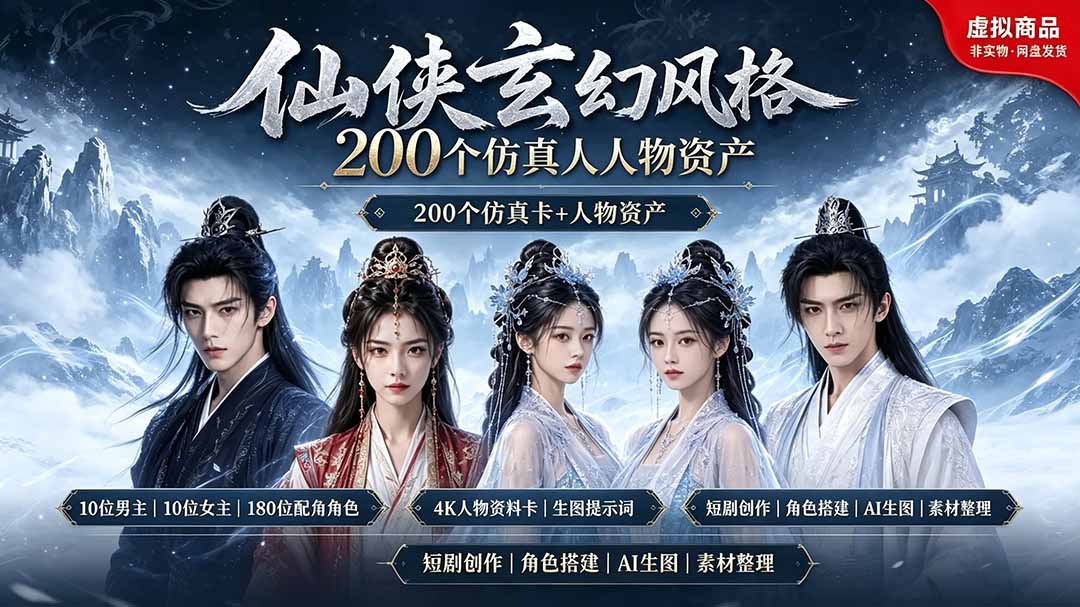 200个仙侠玄幻仿真人素材◆10男主×10女主×180配角，4K资料卡+AI生图提示词，漫剧必备-梦清研习社