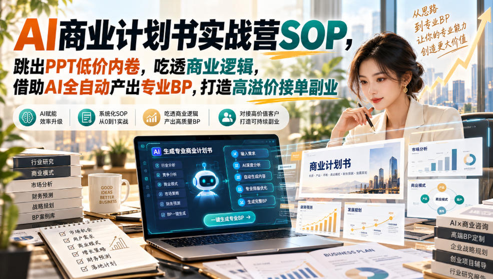AI商业计划书实战营SOP，跳出PPT低价内卷，吃透商业逻辑，借助AI全自动产出专业BP，打造高溢价接单副业-梦清研习社