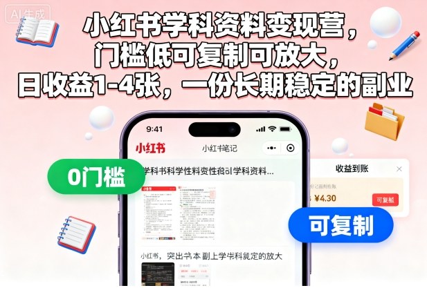 小红书学科资料变现营，门槛低可复制可放大，日收益1-4张，一份长期稳定的副业-梦清研习社