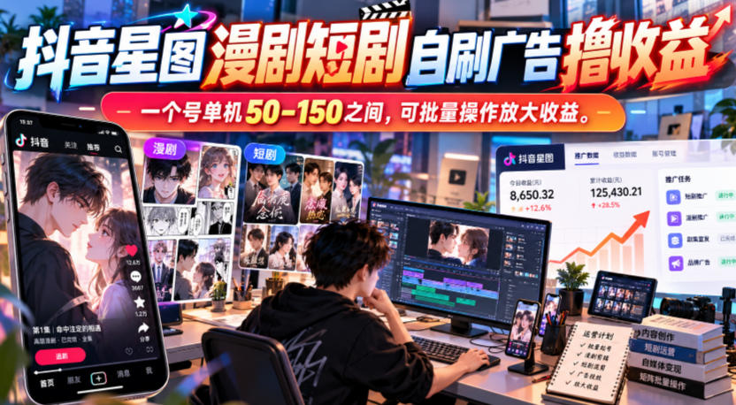 抖音星图漫剧短剧自刷广告撸收益,一个号单机50-150之间,可批量操作放大收益-梦清研习社