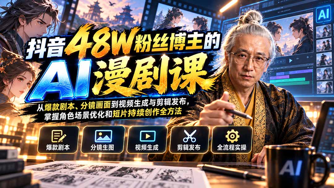 抖音48W粉丝博主的AI漫剧课：从爆款剧本、分镜画面到视频生成与剪辑发布，掌握角色场景优化和短片持续创作全方法-梦清研习社