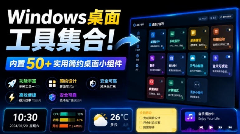 Windows桌面工具集合！内置50+实用简约桌面小组件，含截图、录屏、翻译、天气等，多秘工具箱-梦清研习社