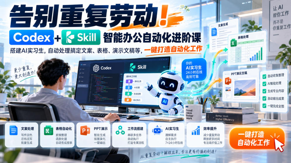 告别重复劳动！Codex+Skill智能办公自动化进阶课｜搭建AI实习生，自动处理搞定文案、表格、演示文稿等，一键打造自动化工作-梦清研习社