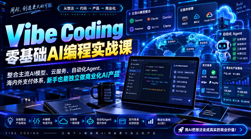 Vibe Coding零基础AI编程实战课-无水印，整合主流AI模型、云服务、自动化Agent、海内外支付体系，新手也能独立做商业化AI产品-梦清研习社