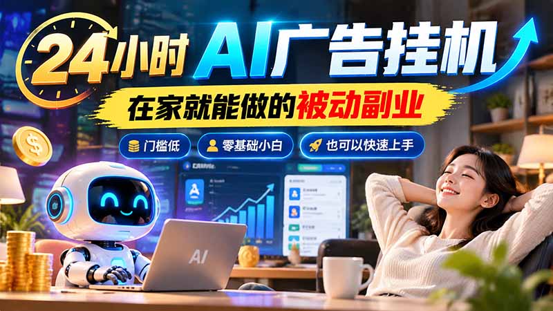 24小时AI广告挂机｜在家就能做的被动副业，门槛低，零基础小白也可以快速上手-梦清研习社
