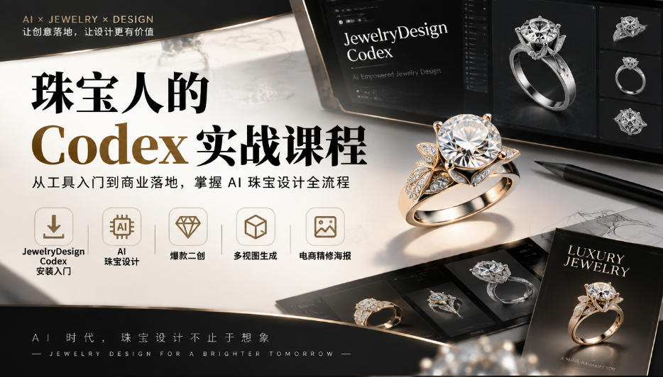 珠宝人的Codex实战课程｜JewelryDesign Codex安装入门、AI珠宝设计、爆款二创、多视图生成、电商精修海报全链路教学-梦清研习社