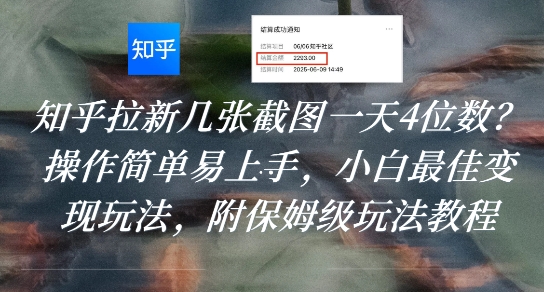 知乎拉新几张截图一天4位数？操作简单易上手，小白最佳变现玩法，附保姆级玩法教程-梦清研习社