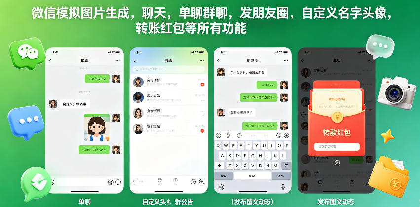 微信模拟图片生成，聊天，单聊群聊，发朋友圈，自定义名字头像，转账红包等所有功能都可以生成-梦清研习社