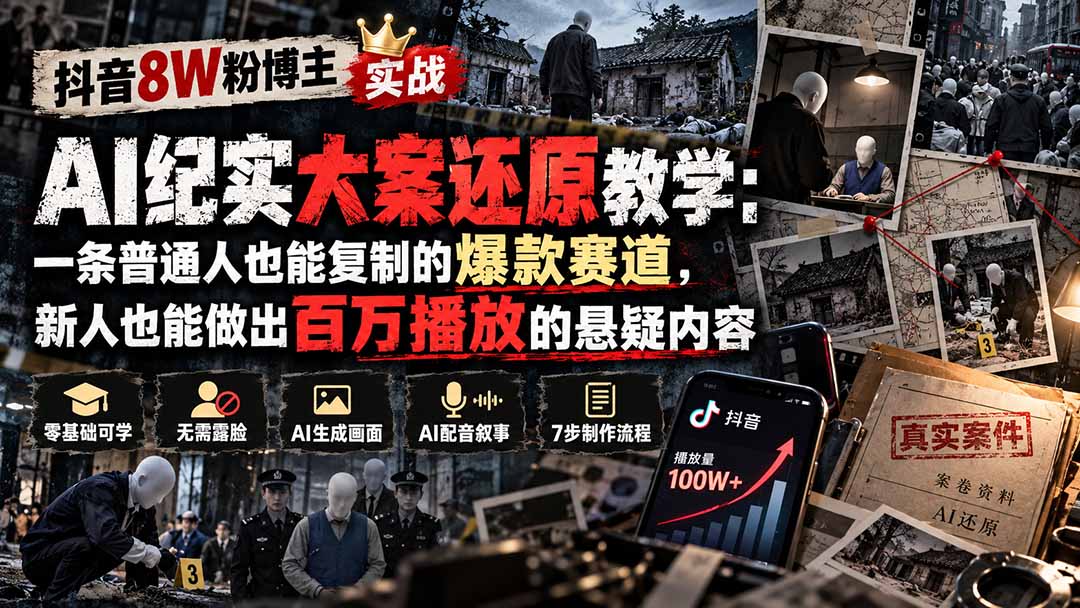 抖音8W粉博主AI纪实大案还原教学：一条普通人也能复制的爆款赛道，新人也能做出百万播放的悬疑内容-梦清研习社