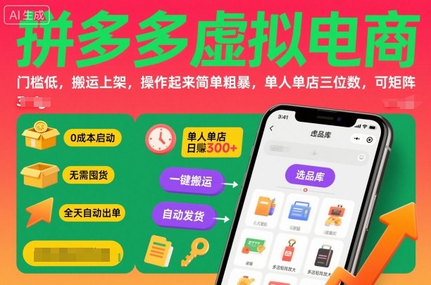 拼多多虚拟电商，门槛低，搬运上架，操作起来简单粗暴，单人单店三位数，可矩阵-梦清研习社