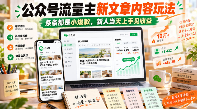 公众号流量主新文章内容玩法,条条都是小爆款,新人当天上手见收益-梦清研习社