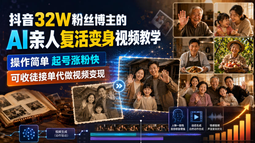 抖音32W粉丝博主的AI亲人复活变身视频教学，操作简单，起号涨粉快，可收徒接单代做视频变现-梦清研习社