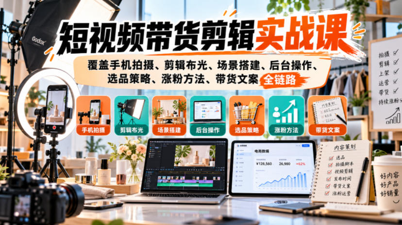 短视频带货剪辑实战课，覆盖手机拍摄、剪辑布光、场景搭建、后台操作、选品策略、涨粉方法、带货文案全链路-梦清研习社